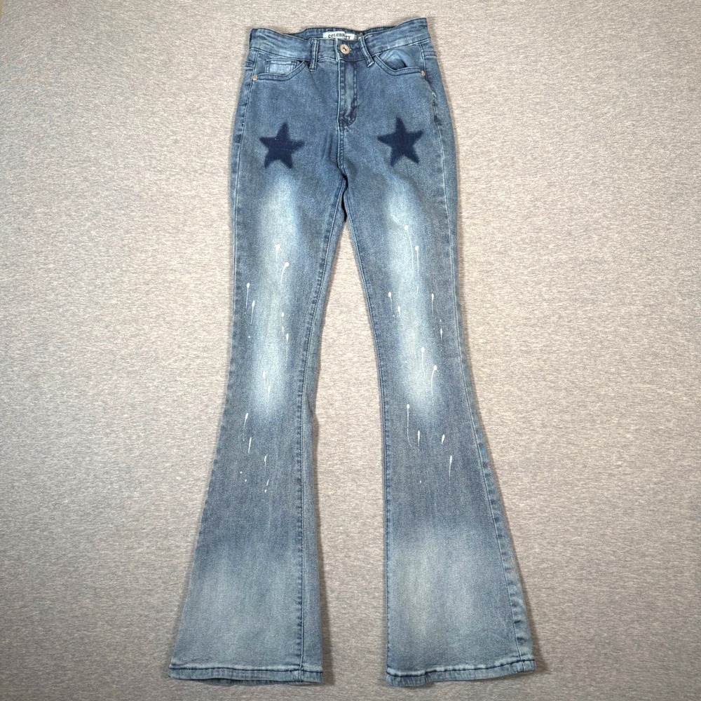 Celebrity Ace Star Patch Paint Splatter Flare Leg Jeans Blue Denim Y2K Size 3/26